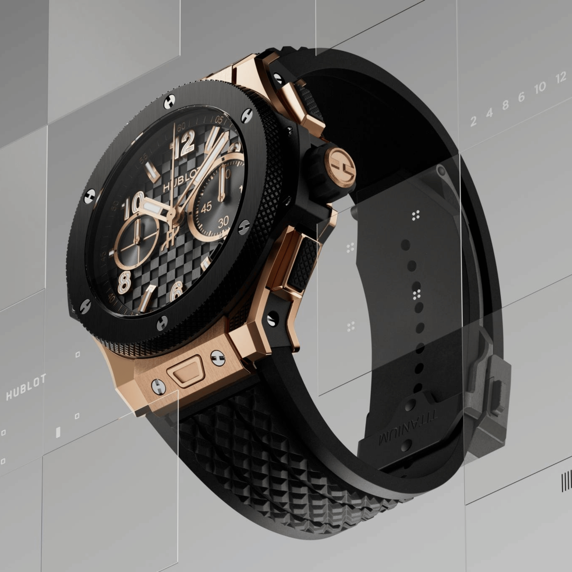 Hublot Big Bang Original Unico King Gold Ceramic automatic carbon dial rubber strap 43 mm