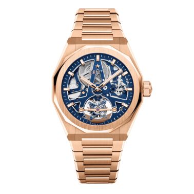 Montre Zenith Defy Skyline Tourbillon El-Primero Or Rose automatique cadran bleu bracelet or rose 41 mm