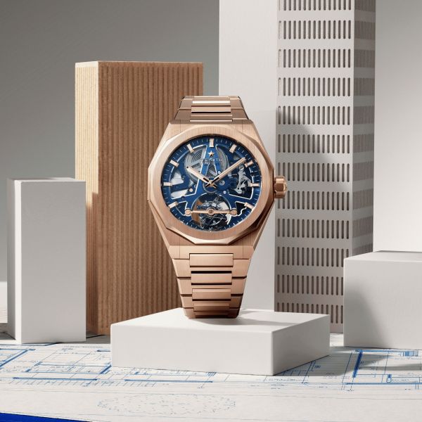 Montre Zenith Defy Skyline Tourbillon El-Primero Or Rose automatique cadran bleu bracelet or rose 41 mm