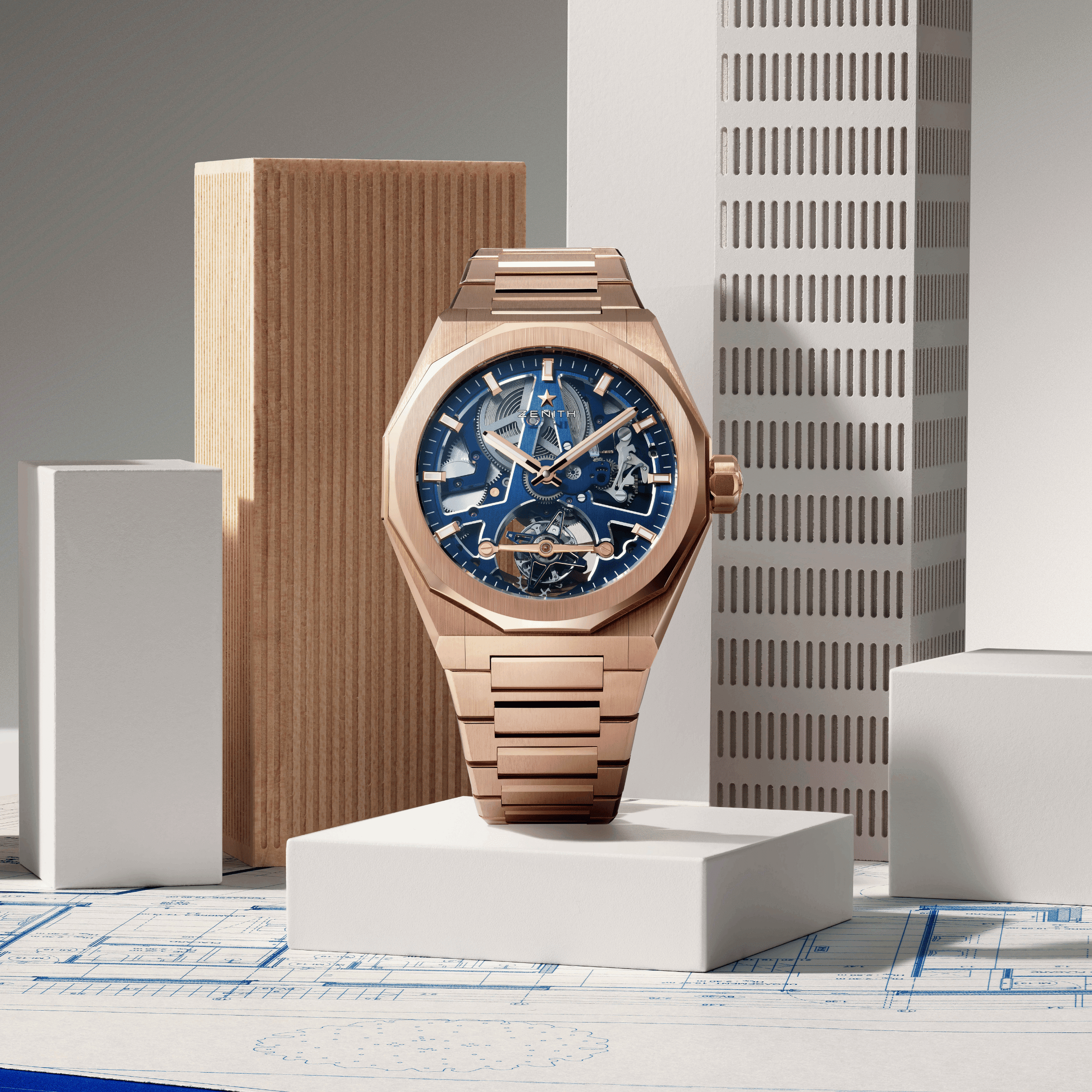 Montre Zenith Defy Skyline Tourbillon El-Primero Or Rose automatique cadran bleu bracelet or rose 41 mm
