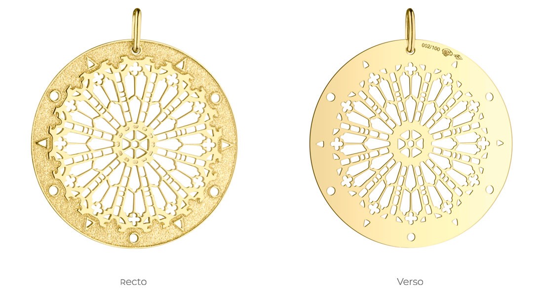 Médaille Colette 100 ans en or jaune recto verso avec détail motifs