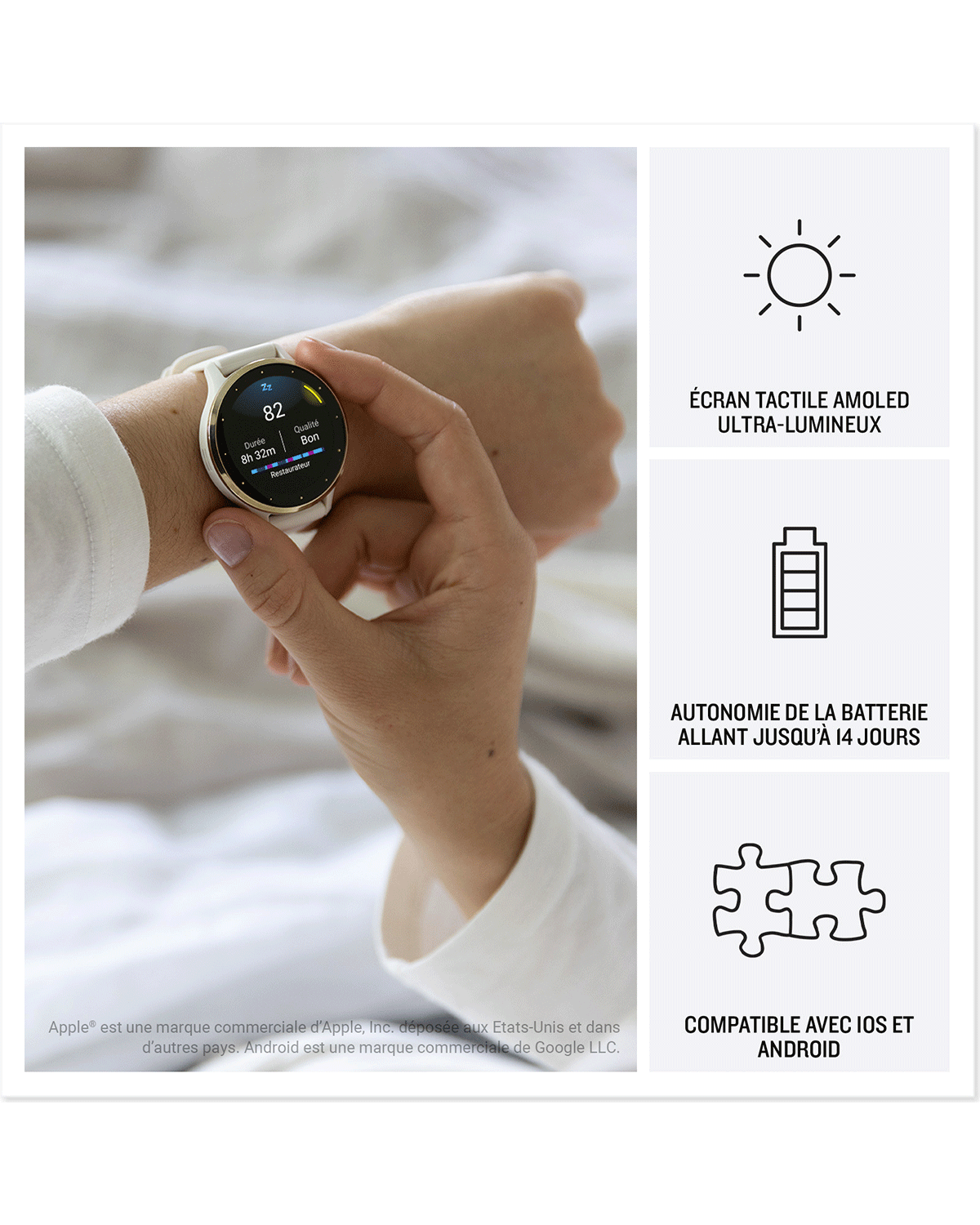Fonctionnalité GARMIN Venu 3 : écran tactile AMOLED , autonomie de 14 jours et compatible IOS et Android